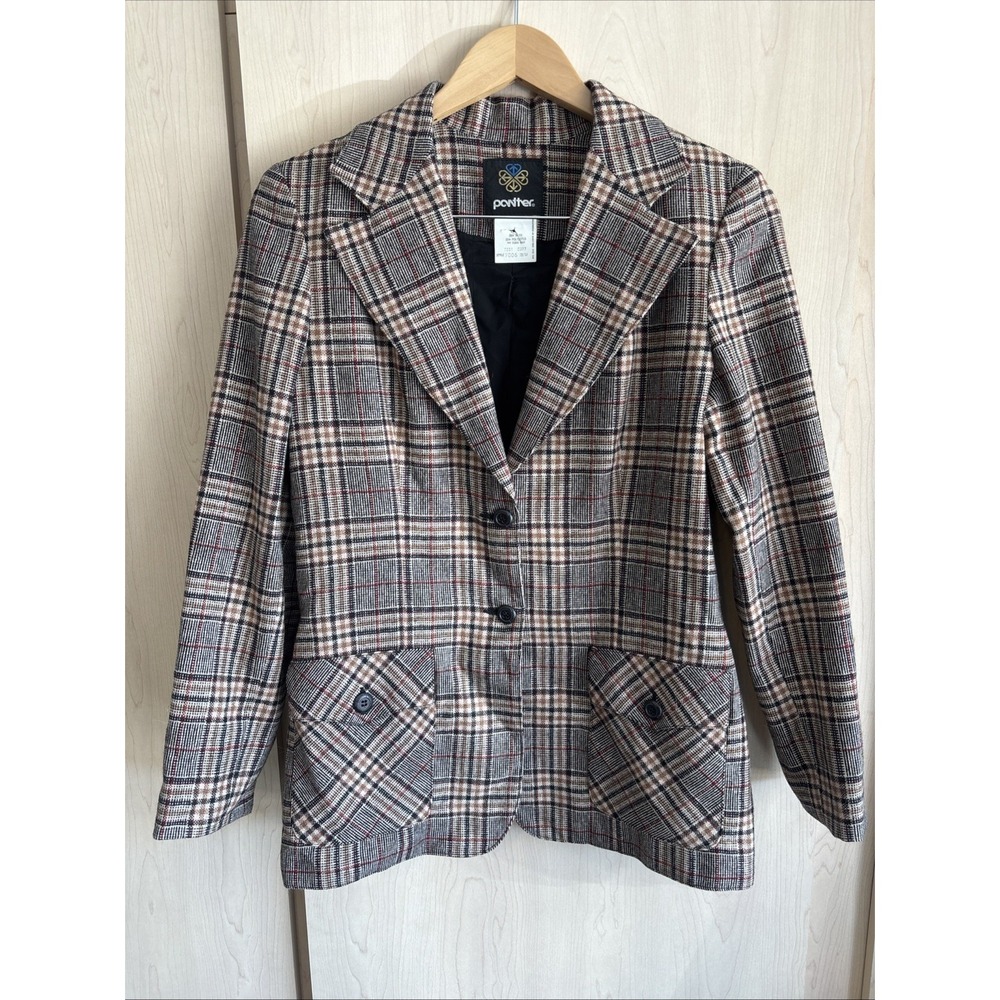 Vintage Panther Women Tweed‎ Plaid Blazer Size 13/14 Wool Academia 2-Button